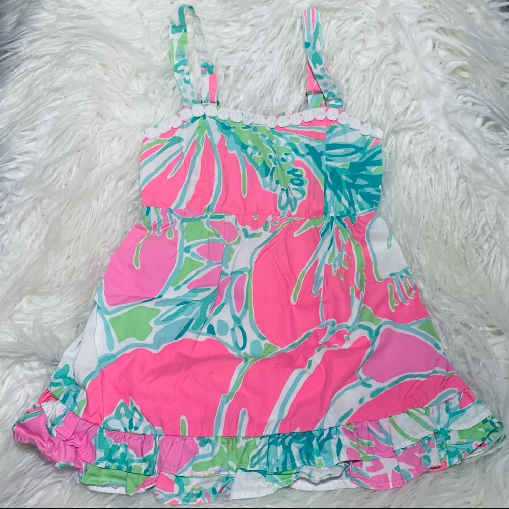 Lilly Pulitzer Girls Dress Size 2 Style Fifi Pink Floral with Lace  Trim EUC
